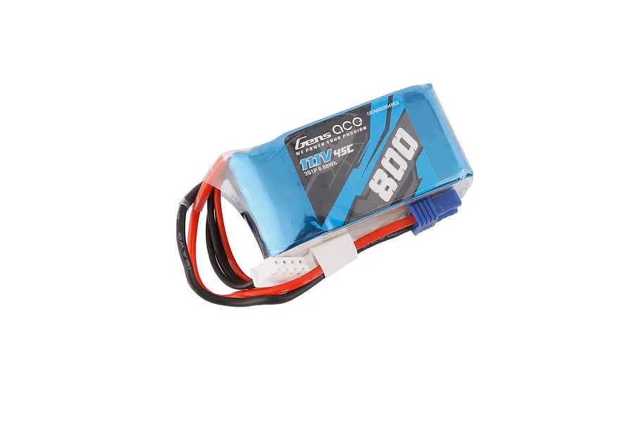 Gens Ace 11.1V 800mAh 45C LiPo battery with blue soft casing, red and black wires, and a blue connector.