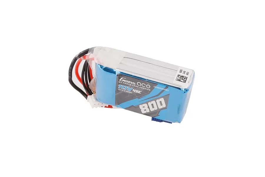 Gens Ace 11.1V 800mAh 45C soft case LiPo battery with blue shrink wrap and visible wiring.