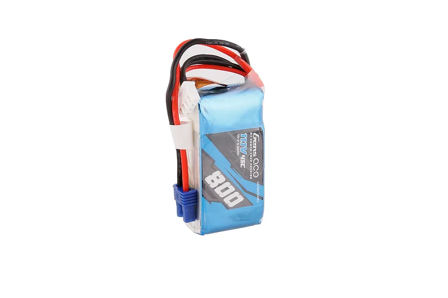 Gens Ace 11.1V 800mAh 45C soft case LiPo battery with blue wrapping, red and black wires, and a blue connector.