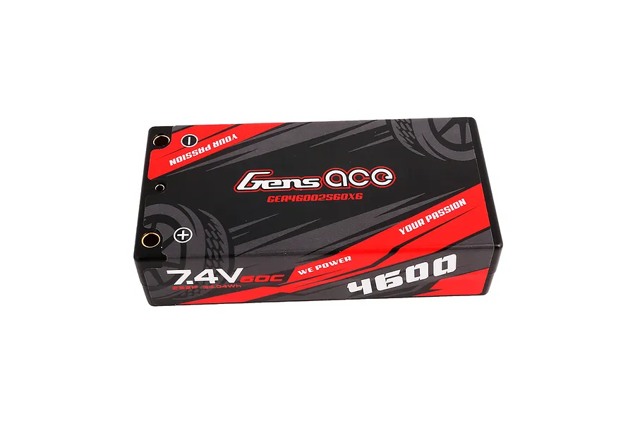Gens Ace 7.4V 4600mAh 60C hard case LiPo battery with black and red branding, showing terminal ports and technical specifications.