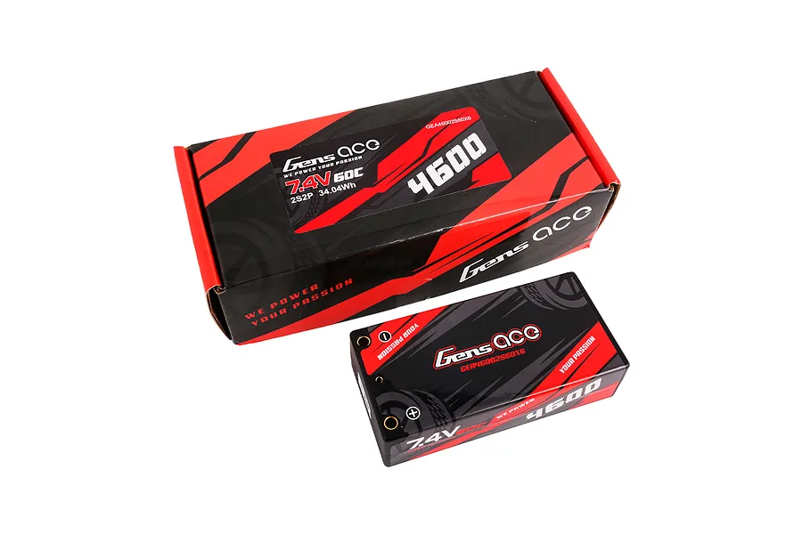 Gens Ace 7.4V 4600mAh 60C LiPo battery in a black and red hard case, shown with its matching branded cardboard packaging box.