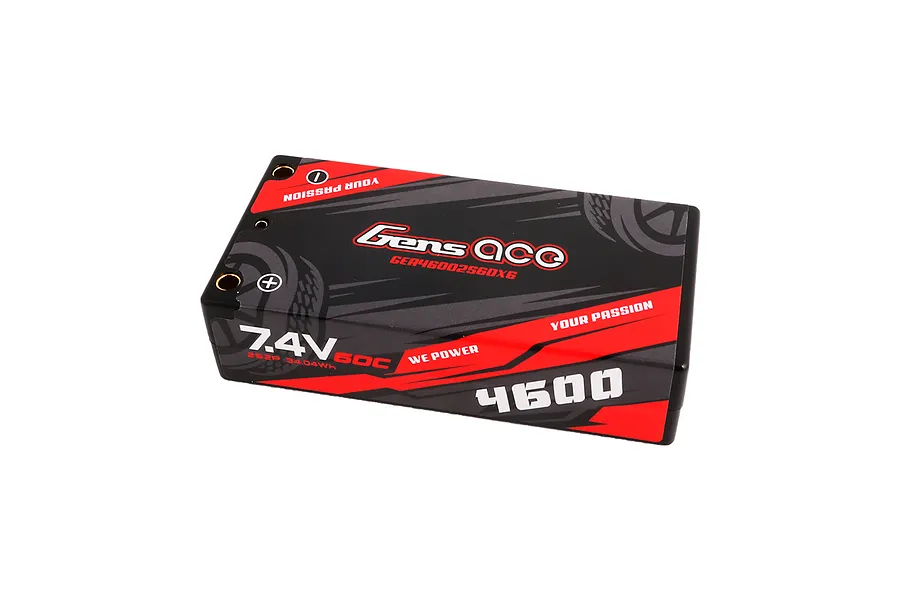 Gens Ace 7.4V 4600mAh 60C hard case LiPo battery pack with red and black branding.