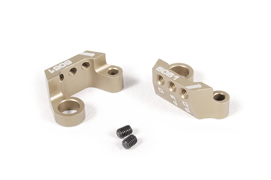 Two gold-anodized aluminium sway bar clamps with mounting screws on a white background.
