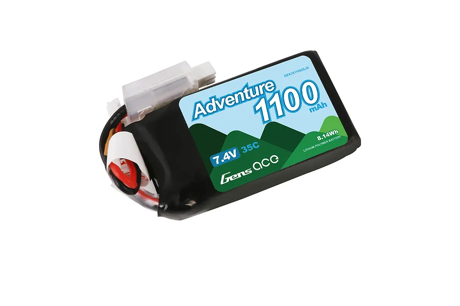 Gens Ace Adventure 7.4V 1100mAh 35C LiPo battery with a black soft case and white connector plugs.