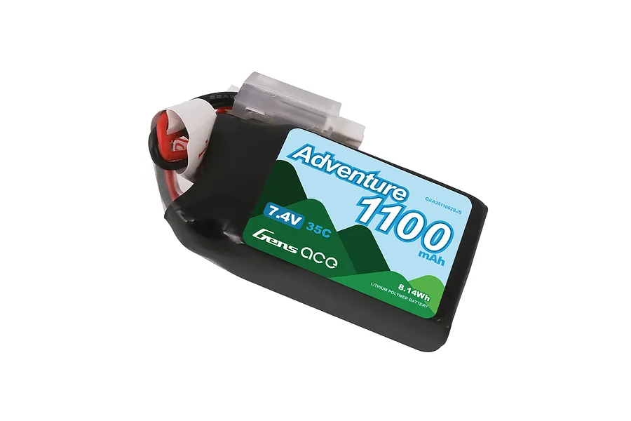 Gens Ace Adventure 7.4V 1100mAh 35C soft case LiPo battery with JST connector against a white background.