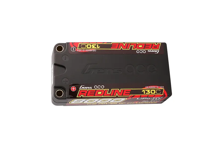Gens Ace Redline 8000mAh 130C 1S HV LiPo battery in a black hard case with red and yellow branding.