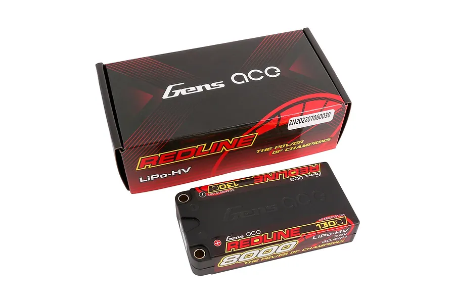 Gens Ace Redline 8000mAh 130C HV LiPo battery in a black hard case, shown with its matching branded product packaging box.