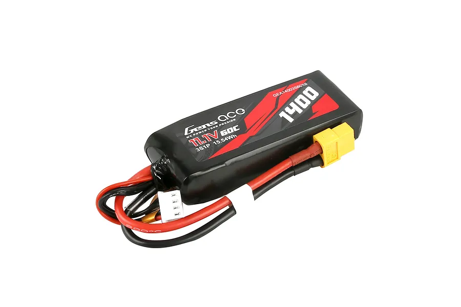 Gens Ace 11.1V 1400mAh 60C LiPo battery with a soft black casing, red and black wiring, and a yellow XT60 connector.