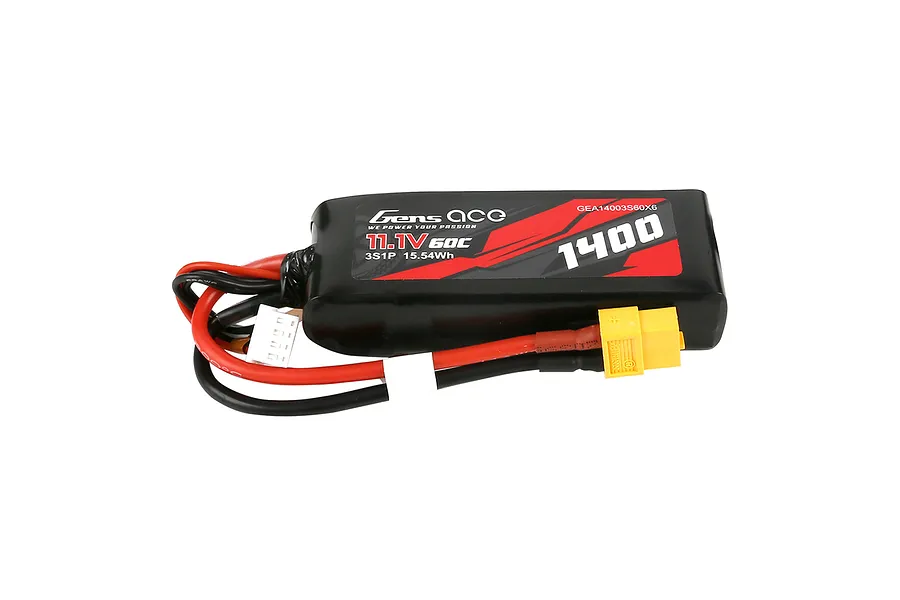 Gens Ace 11.1V 1400mAh 60C soft case LiPo battery with XT60 connector and balance plug on a white background.