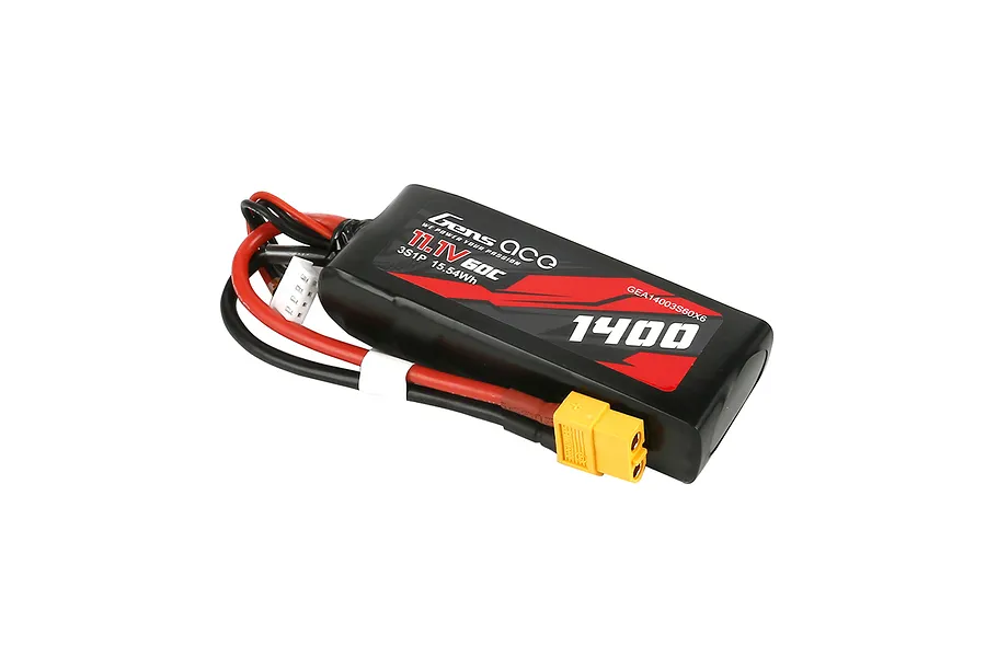 Gens Ace 11.1V 1400mAh 60C LiPo battery with XT60 connector and balance plug against a white background.