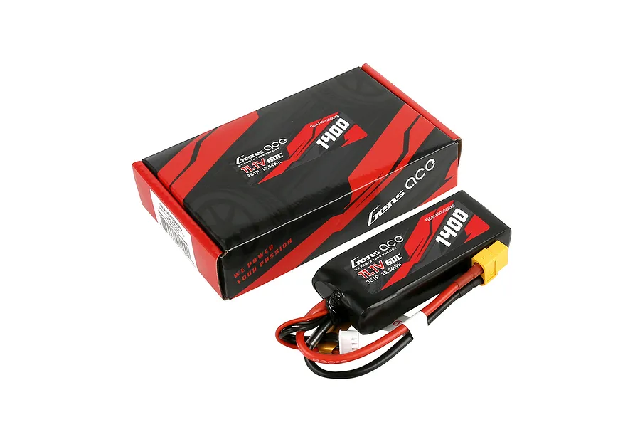 Gens Ace 11.1V 1400mAh 60C LiPo battery with its black and red branded cardboard packaging box.