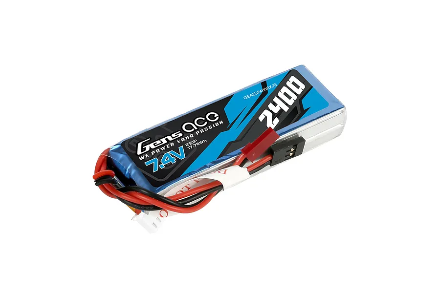 Gens Ace 7.4V 2400mAh soft case LiPo battery with red and black wires and connectors against a white background.