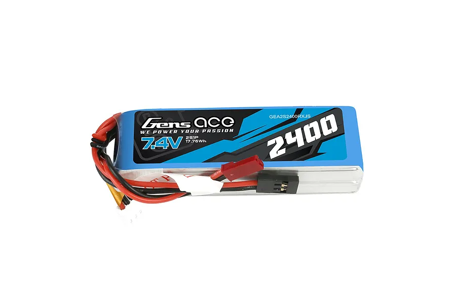 Gens Ace 7.4V 2400mAh 2S LiPo receiver battery with soft case, featuring red and black wires with JST and JR connectors.