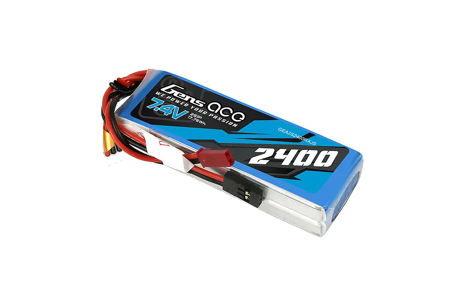 Gens Ace 7.4V 2400mAh 2S LiPo receiver battery in a blue soft case with red and black wires and JST/JR connectors.