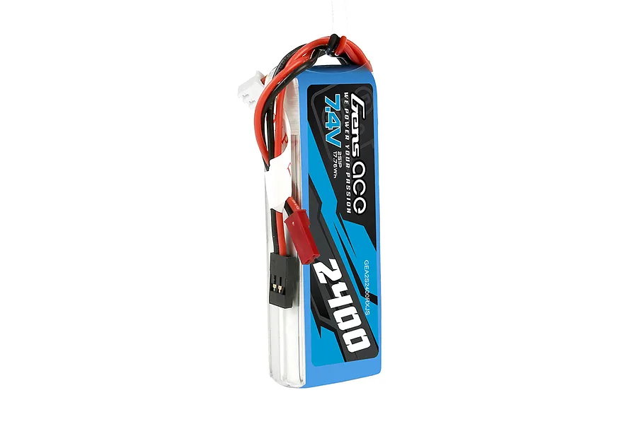 Gens Ace 7.4V 2400mAh 2S LiPo receiver battery pack with red and black wires and connectors against a white background.