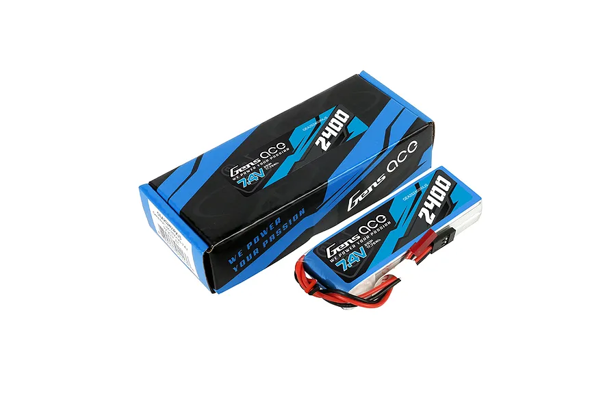 Gens Ace 7.4V 2400mAh LiPo battery and its matching branded cardboard retail box on a white background.