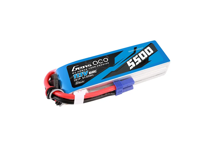 Gens Ace G-Tech 11.1V 5500mAh 60C soft case LiPo battery with EC5 connector and balance lead, isolated on a white background.