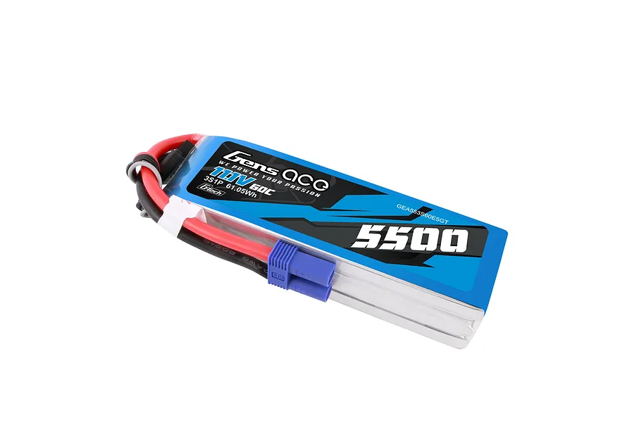 Gens Ace G-Tech 11.1V 5500mAh 60C soft case LiPo battery with EC5 connector against a white background.