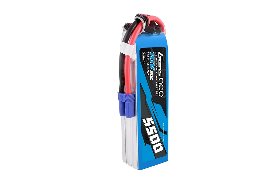 Gens Ace G-Tech 11.1V 5500mAh 60C soft case LiPo battery with blue casing and EC5 connector against a white background.
