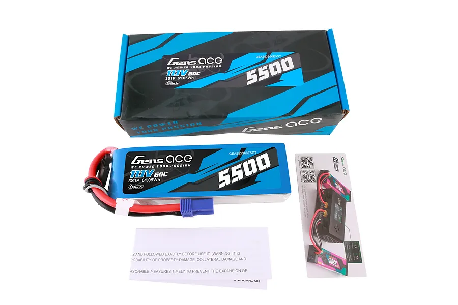 Gens Ace G-Tech 11.1V 5500mAh 60C LiPo battery, its cardboard packaging box, a product manual, and a G-Tech charger information card.