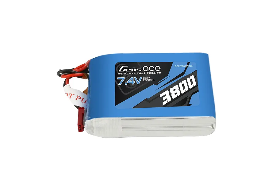 Gens Ace 7.4V 3800mAh LiPo battery in a blue soft case with red and black wires and a JST connector.