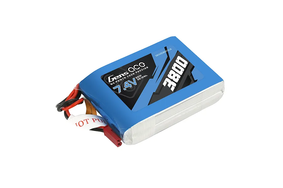 Gens Ace 7.4V 3800mAh LiPo transmitter battery in a blue soft case with a JST connector.