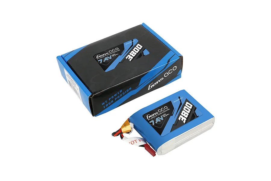 Gens Ace 7.4V 3800mAh LiPo battery in a soft case shown next to its branded cardboard packaging box.