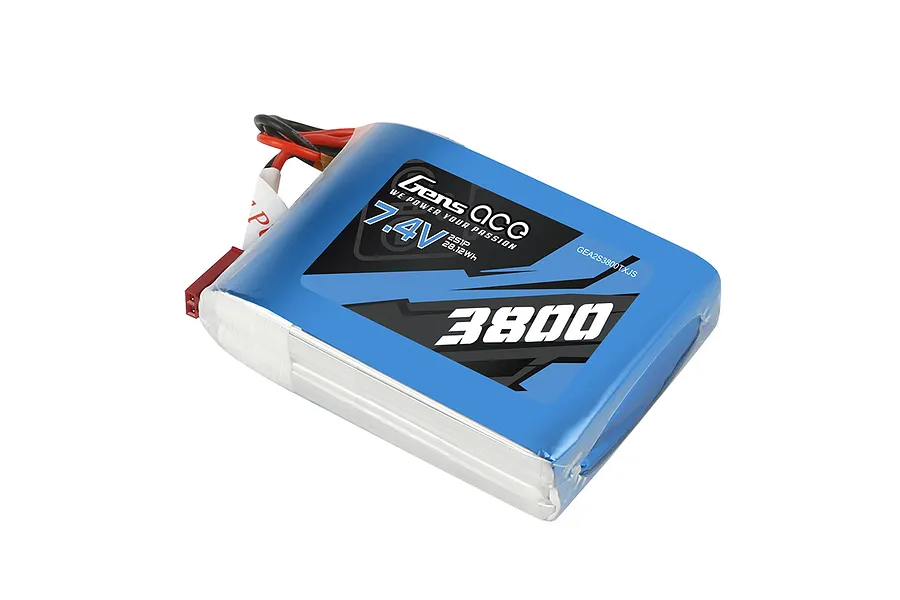 Gens Ace 7.4V 3800mAh soft case LiPo battery with blue shrink wrap and red and black wires.