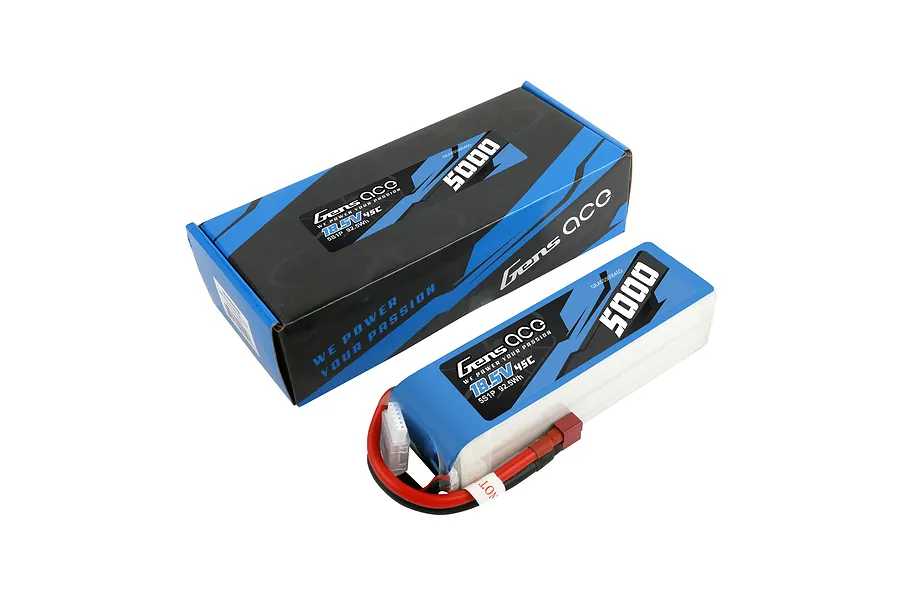 Gens Ace 18.5V 5000mAh 45C LiPo battery in a soft case shown next to its branded cardboard packaging box.