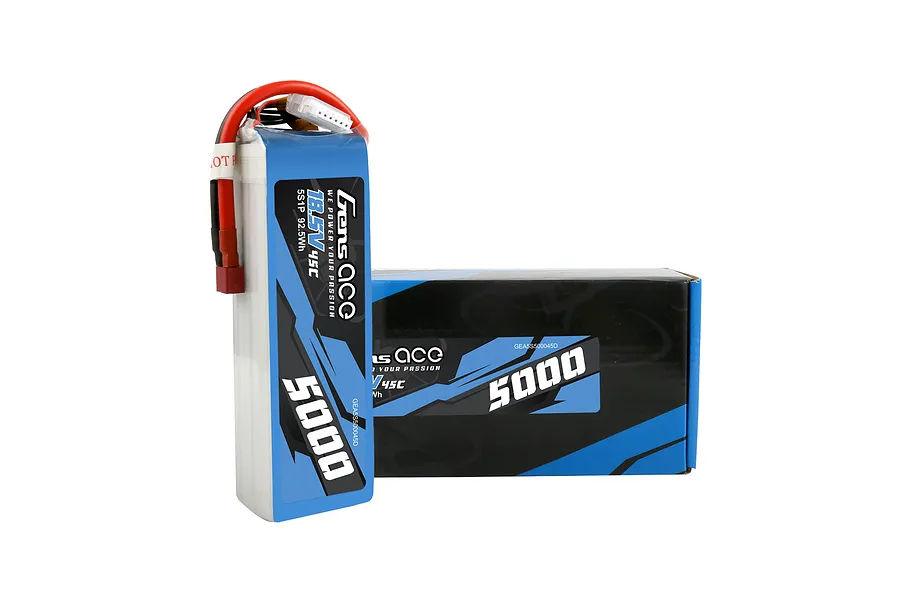 Gens Ace 18.5V 5000mAh 45C soft case LiPo battery standing upright next to its branded cardboard product box.