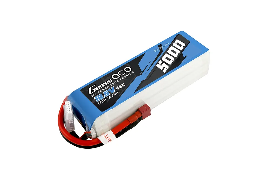 Gens Ace 18.5V 5000mAh 45C soft case LiPo battery with blue and black branding, red and black power wires, and a white balance connector.