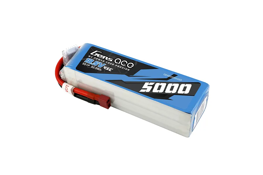 Gens Ace 18.5V 5000mAh 45C soft case LiPo battery with T-style connector and balance lead on a white background.