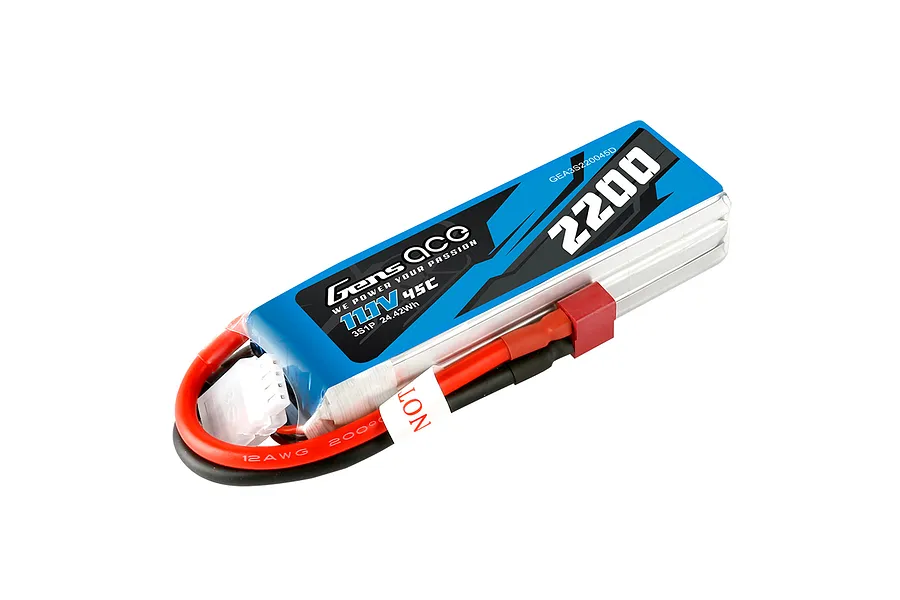 Gens Ace 11.1V 2200mAh 45C soft case LiPo battery with red and black wires and a Deans connector.