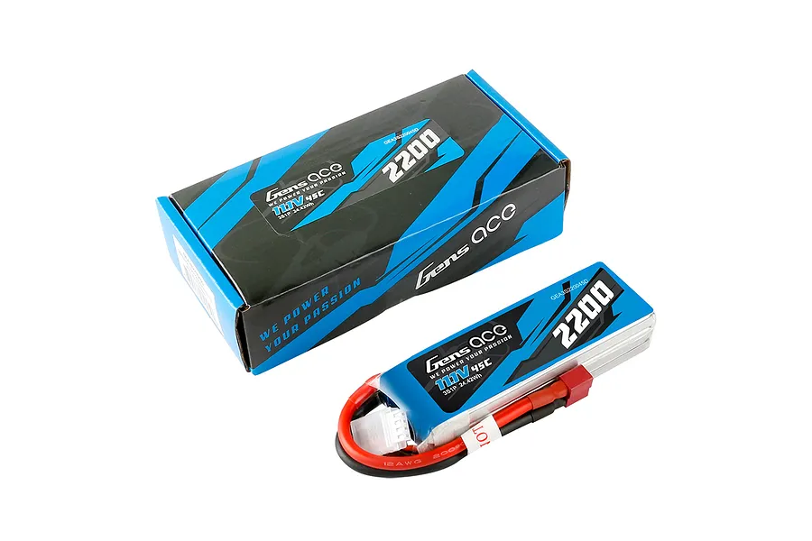 Gens Ace 11.1V 2200mAh 45C LiPo battery with its blue and black branded cardboard packaging box.