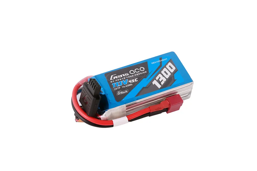 Gens Ace G-Tech 11.1V 1300mAh 45C LiPo battery with blue soft case, red and black wires, and G-Tech connector.