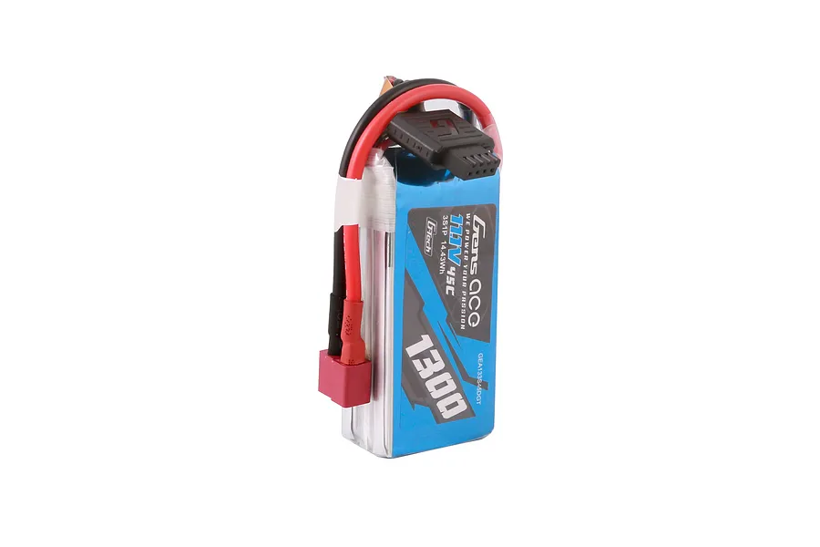 Gens Ace G-Tech 11.1V 1300mAh 45C LiPo battery with a blue soft case, red and black wires, and a Deans connector.