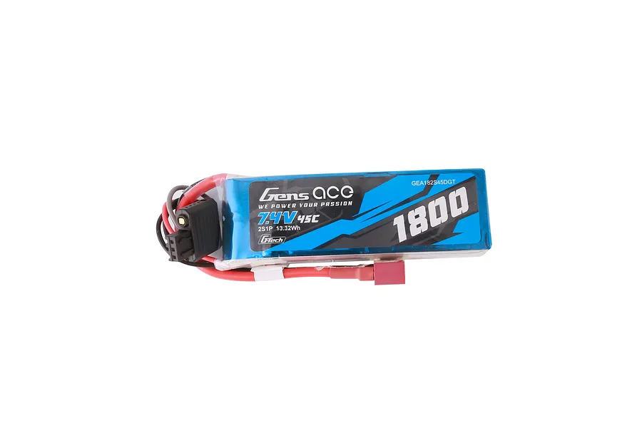 Gens Ace G-Tech 7.4V 1800mAh 45C LiPo battery with a blue soft case, red and black wires, and a Deans-style connector against a white background.