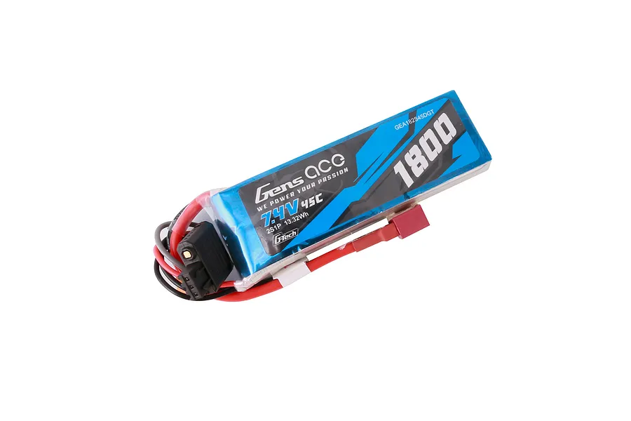Gens Ace G-Tech 7.4V 1800mAh 45C LiPo battery with soft blue casing and red and black wiring connectors.