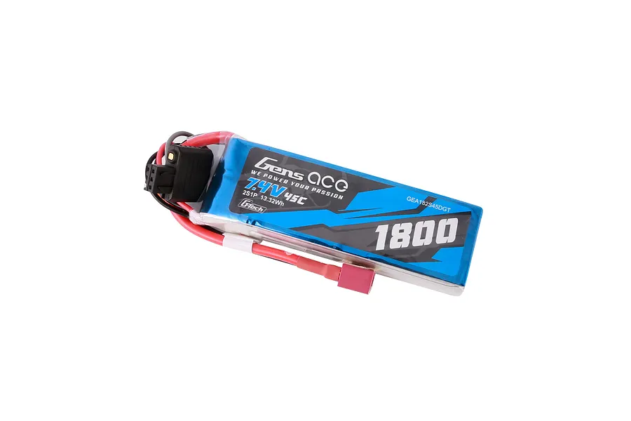 Gens Ace G-Tech 7.4V 1800mAh 45C LiPo battery with a blue soft case and T-style connector against a white background.