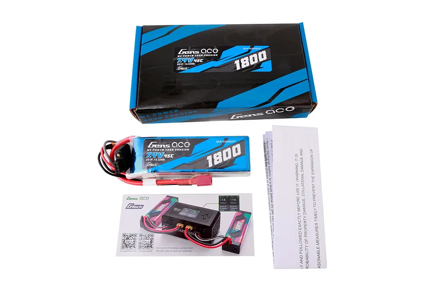 Gens Ace G-Tech 7.4V 1800mAh LiPo battery, its cardboard packaging box, and included instruction manual on a white background.