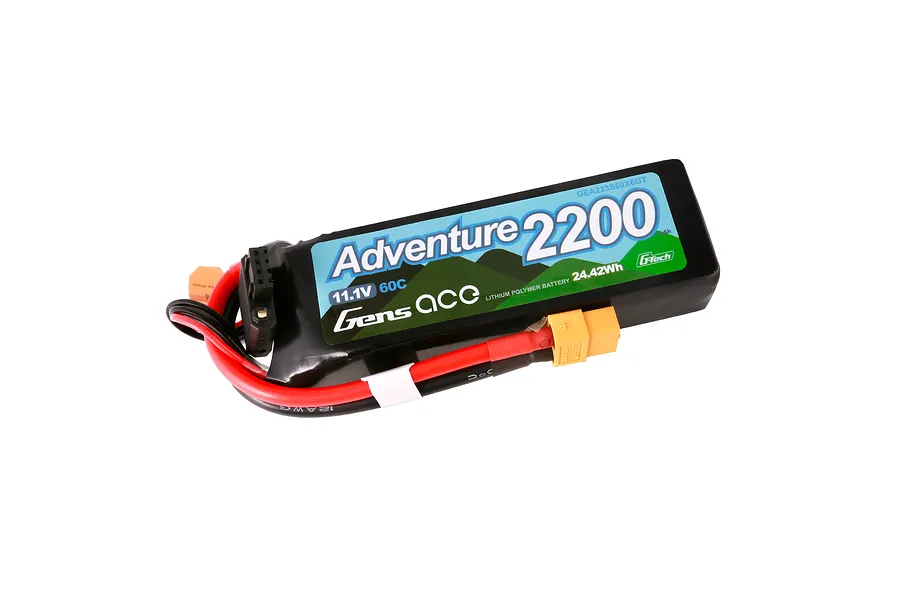 Gens Ace Adventure 2200mAh 11.1V 60C LiPo battery with XT60 connector and balance plug against a white background.