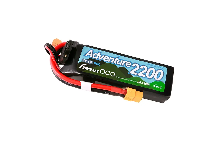 Gens Ace G-Tech Adventure 11.1V 2200mAh 60C LiPo battery with XT60 connector and balance plug, shown against a white background.