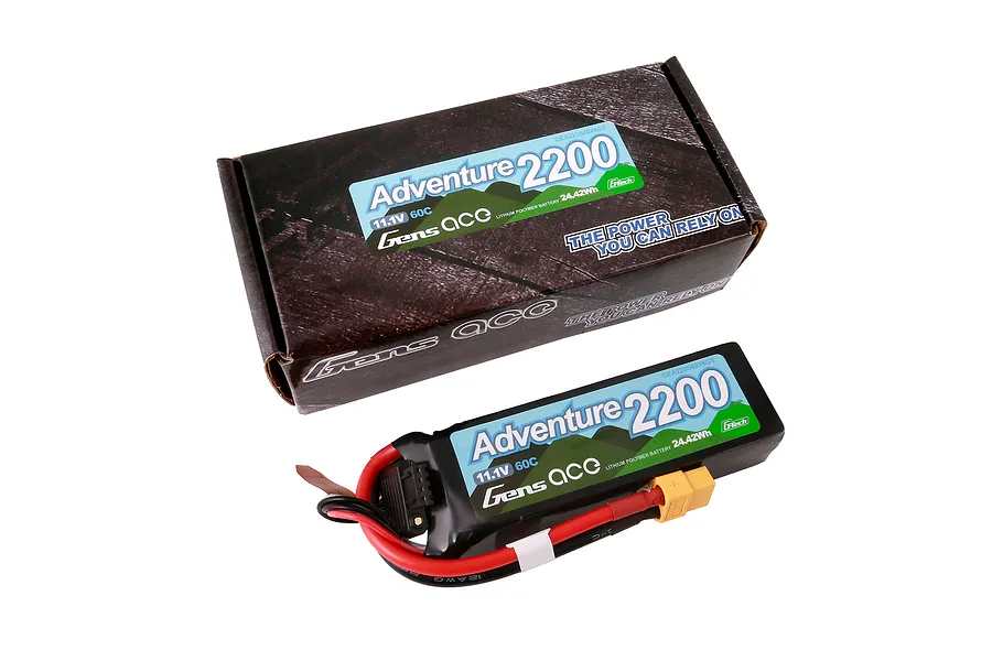 Gens Ace Adventure 11.1V 2200mAh 60C LiPo battery and its matching cardboard retail packaging box.