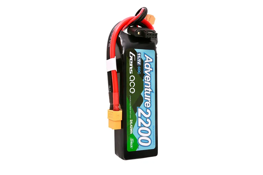 Gens Ace G-Tech Adventure 11.1V 2200mAh 60C LiPo battery with XT60 connector and balance plug against a white background.