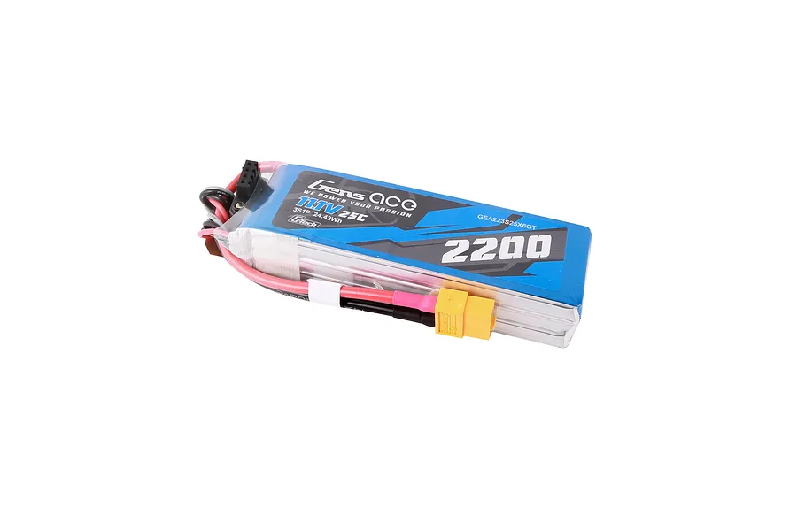 Gens Ace G-Tech 11.1V 2200mAh 25C soft case LiPo battery with XT60 connector on a white background.