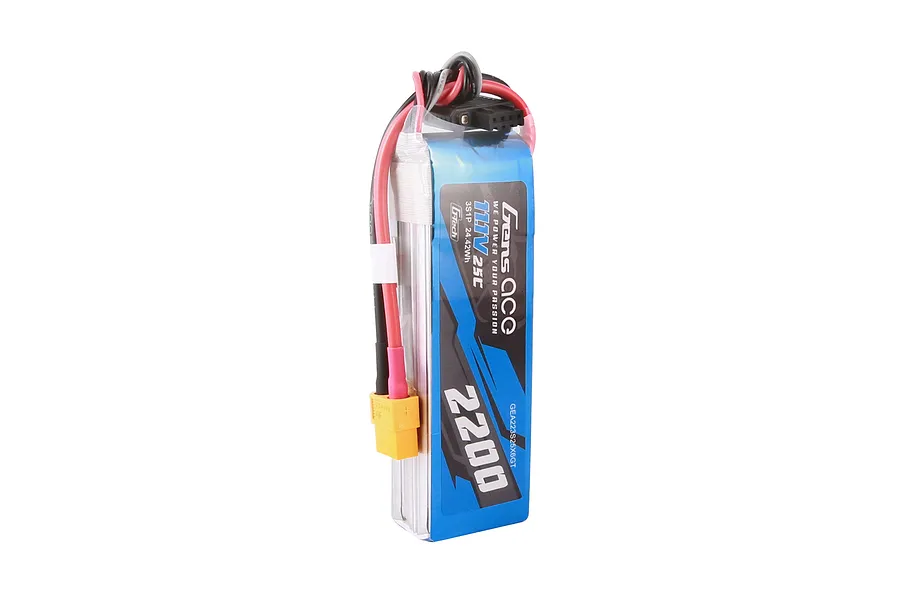 Gens Ace G-Tech 11.1V 2200mAh 25C LiPo battery with a soft case, featuring a blue label and XT60 connector.