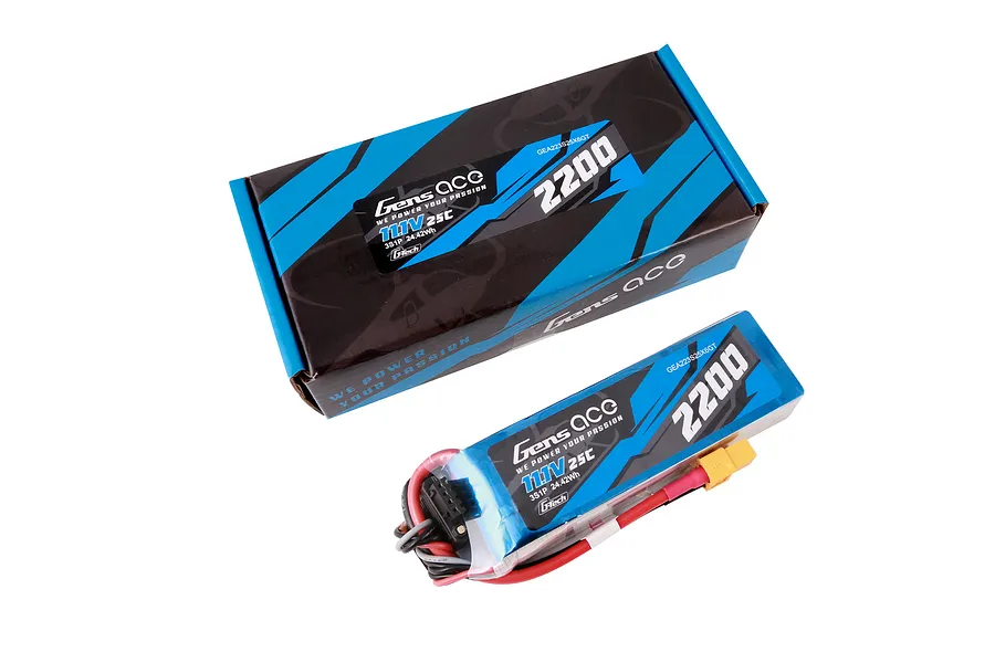 Gens Ace G-Tech 11.1V 2200mAh 25C LiPo battery and its branded cardboard packaging box.