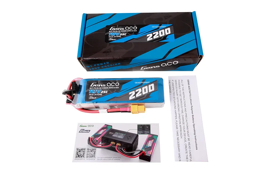 Gens Ace G-Tech 11.1V 2200mAh 25C LiPo battery, its retail box, and instruction manual on a white background.