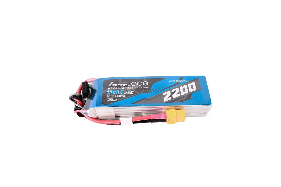 Gens Ace G-Tech 11.1V 2200mAh 25C soft case LiPo battery with XT60 connector and balance plug on a white background.