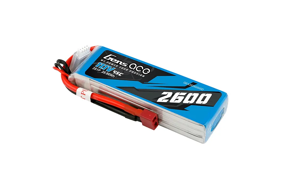 Gens Ace 11.1V 2600mAh 45C soft case LiPo battery with Deans connector and balance plug on a white background.
